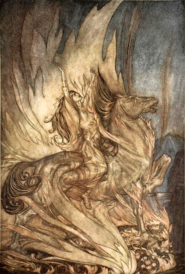 Brünnhilde on Grane, Arthur Rackham