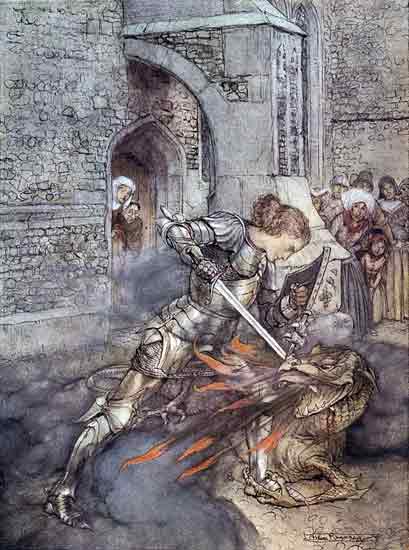 Sir Lancelot Slaying the Dragon, Arthur Rackham