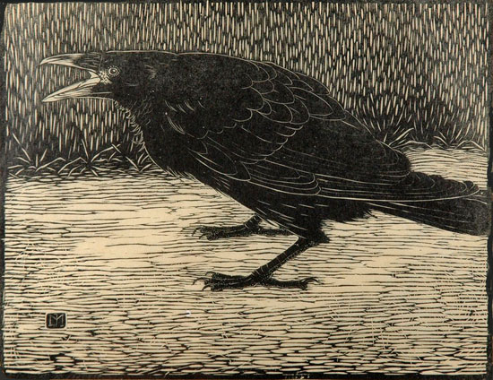 Crow-woodcut, Jan Mankes