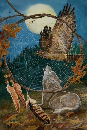 Dreamcatcher, wolf,hawk,full moon