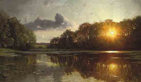 Sunset over a Forest Lake, Peder Mork Monsted