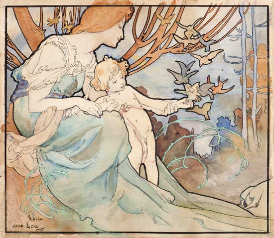 Woman and Child with Birds, Mucha